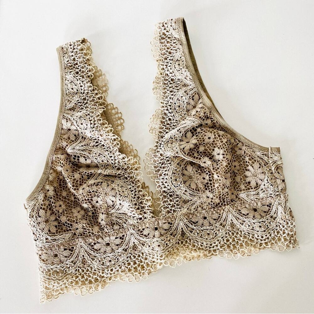 NEW VS VICTORIAS SECRET Nude Tan Cream Lace Plunge Long Line Bralette Bra XS